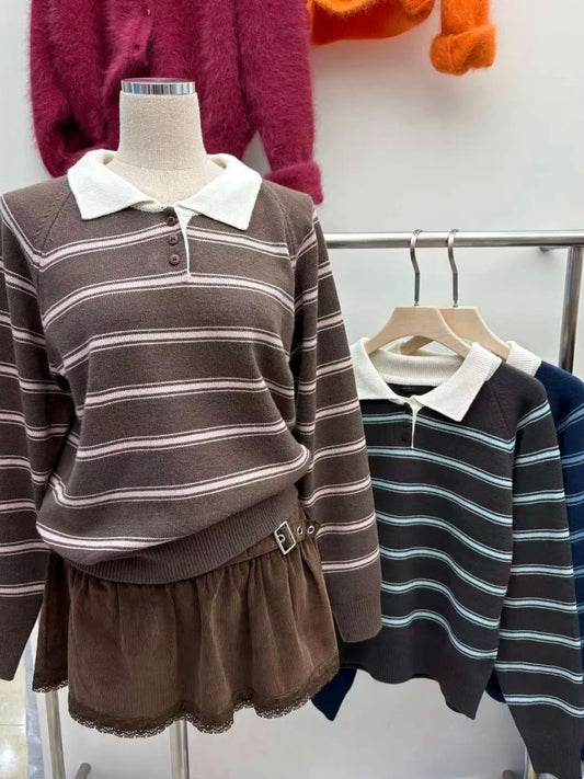 Teddy Collar Color-Block Striped Knit Top(3 colors)