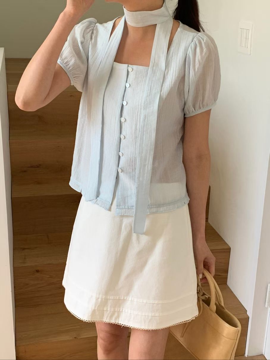 Romantic Square-Neck Buttoned Tencel Blouse(4 Colors)