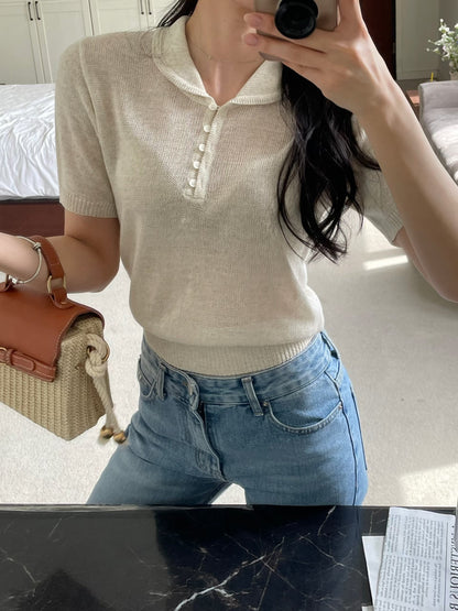 Sophisticated Collared Buttoned Lightweight Linen Knit Top(4 Colors)