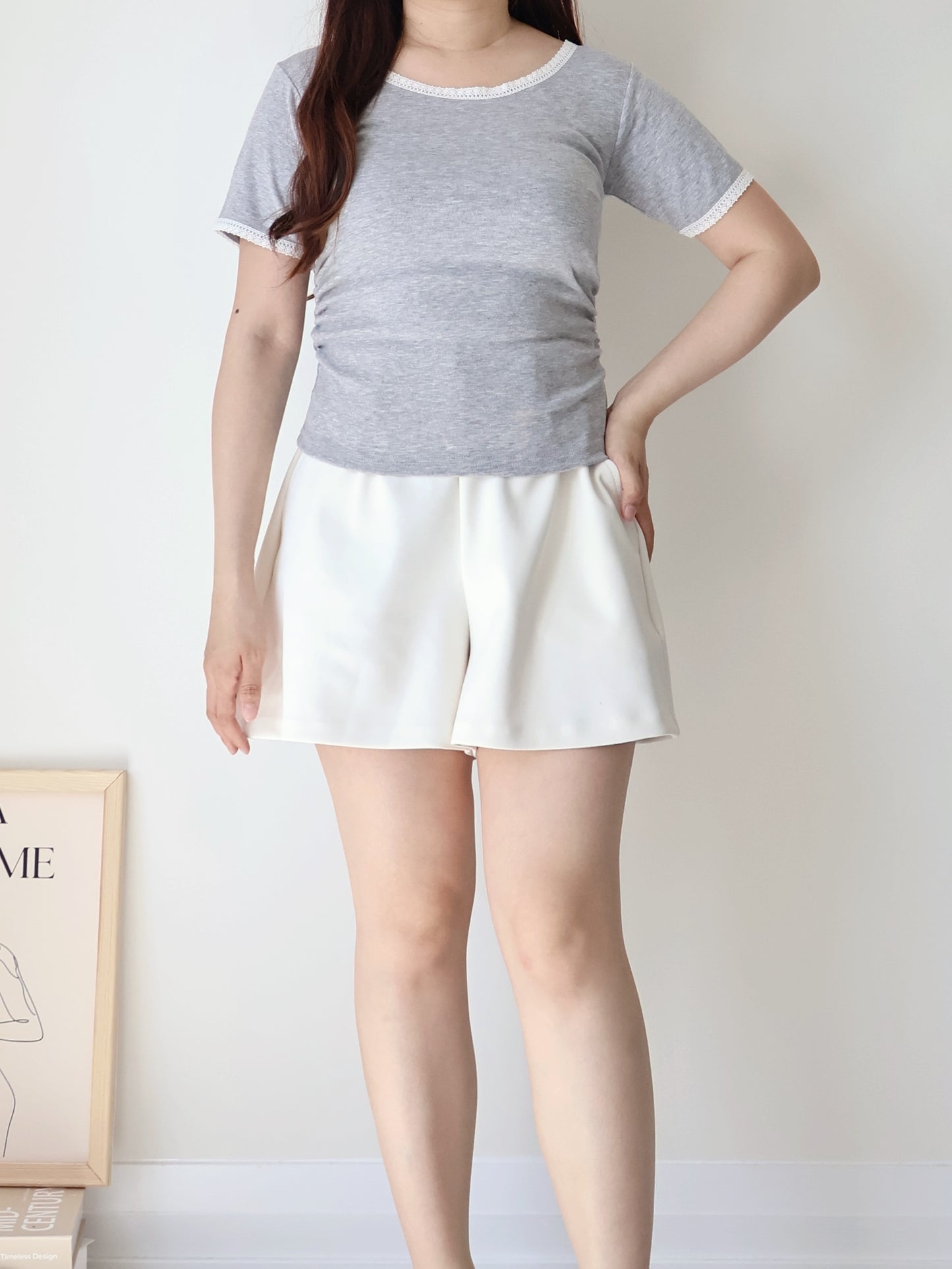Elegant Slim-Fit Lace Trim Cotton Top(Grey)
