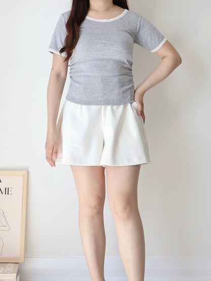 Elegant Slim-Fit Lace Trim Cotton Top(Grey)