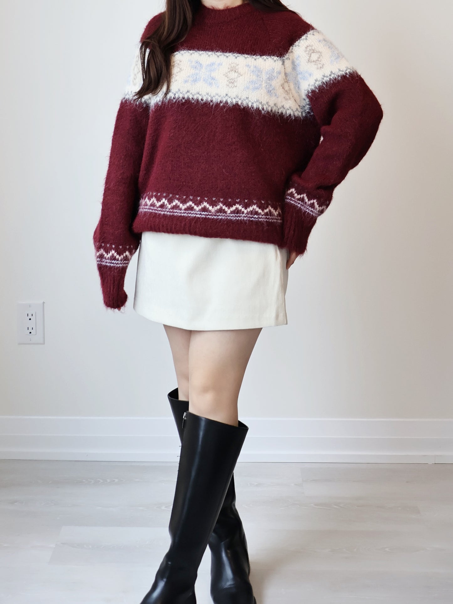 [10% WOOL] Snowflake Oversized Sweater(Burgundy)