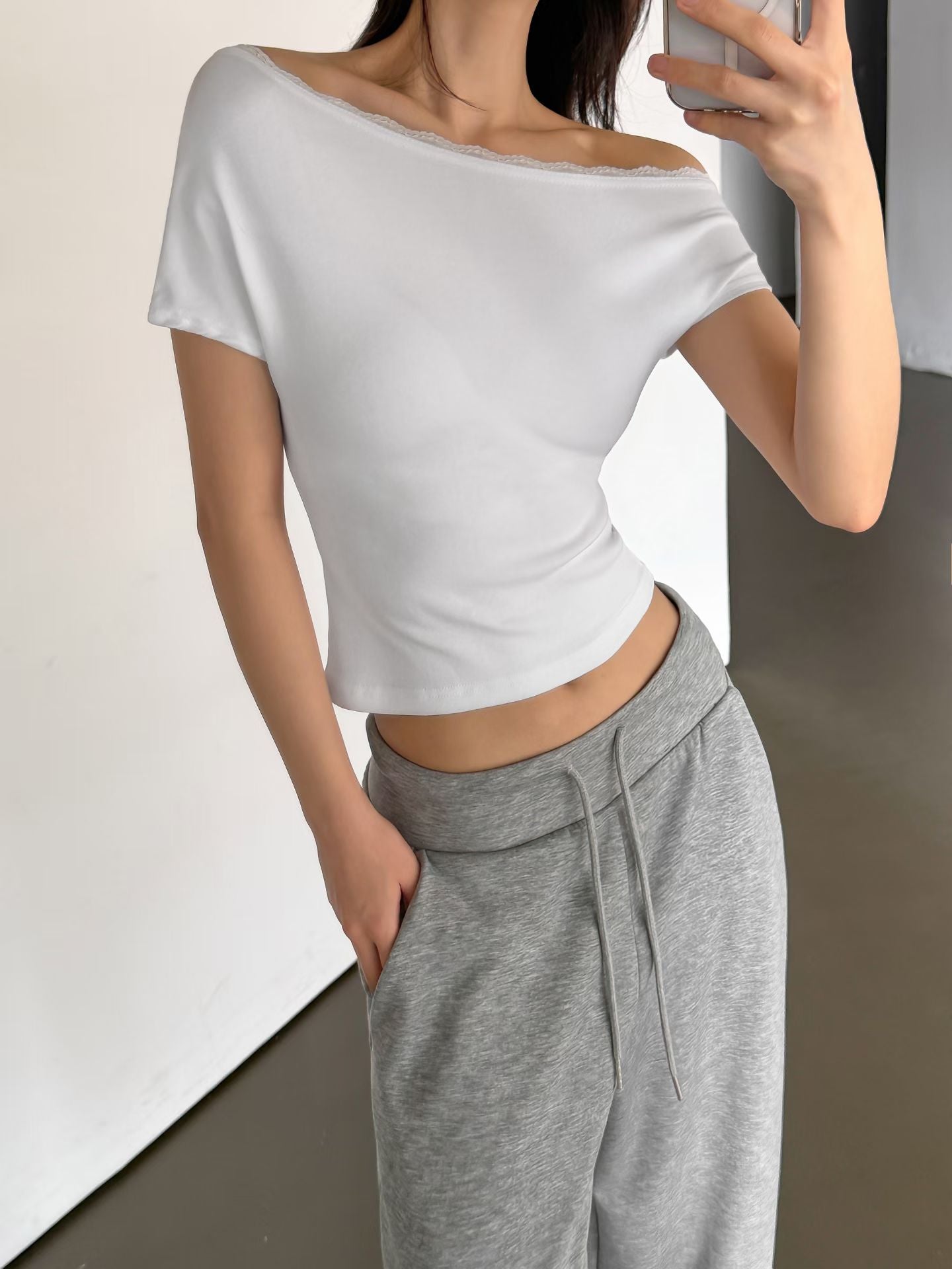 Lace One-Shoulder Cotton Top(4 Colors)
