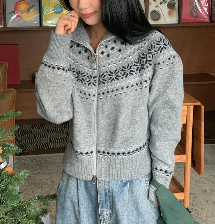 [2-WAYS] Nordic Style Snowflake Knit Zipper Jacket