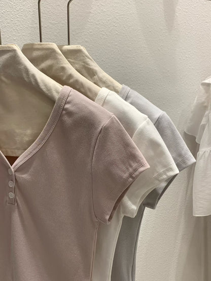 Minimalist V-Neck Button-Up Cotton Tee(3 Colors)