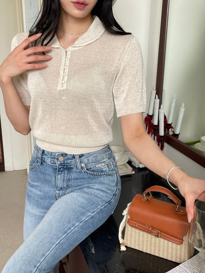 Sophisticated Collared Buttoned Lightweight Linen Knit Top(4 Colors)