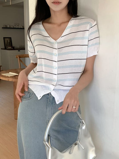 V-Neck Fresh Striped Knit Cardigan(4 colors)