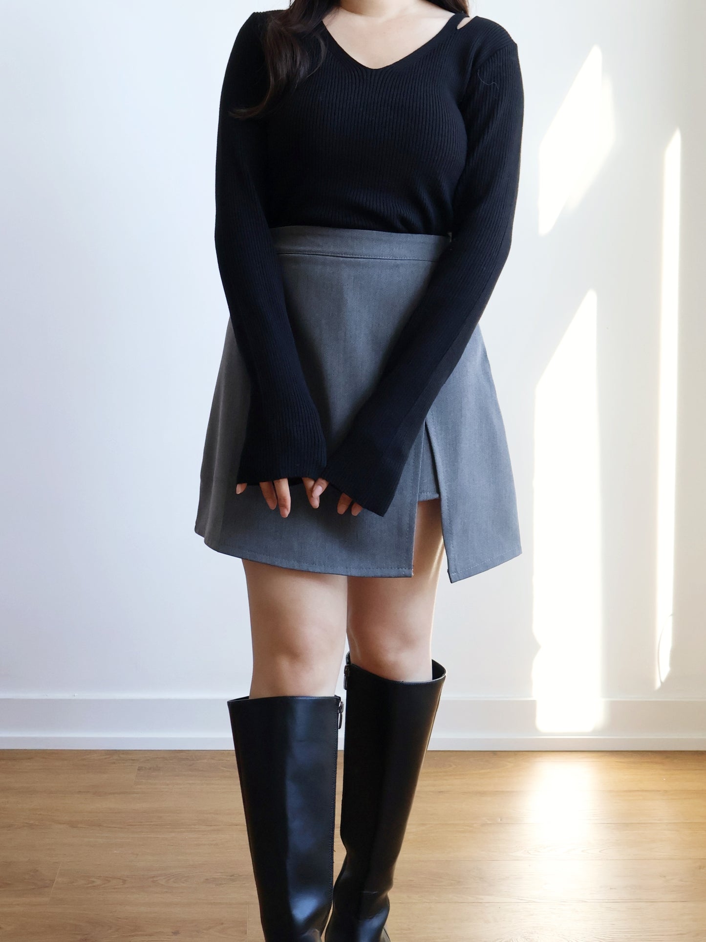 V-neck High-elastic Knit Top(Black)