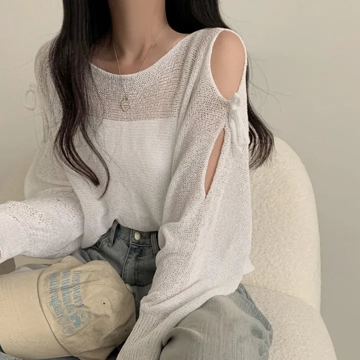 Ribbon Tie Open-Shoulder Knit Top(5 colors)