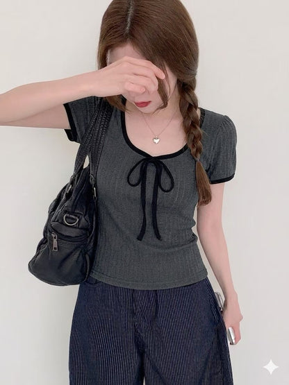 Sweet Color-Block Ribbon Bow Top(3 Colors)
