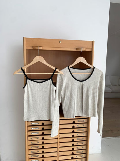 Color-Block Trim Cotton Cami & Cardigan 2-Piece Set(4 colors)