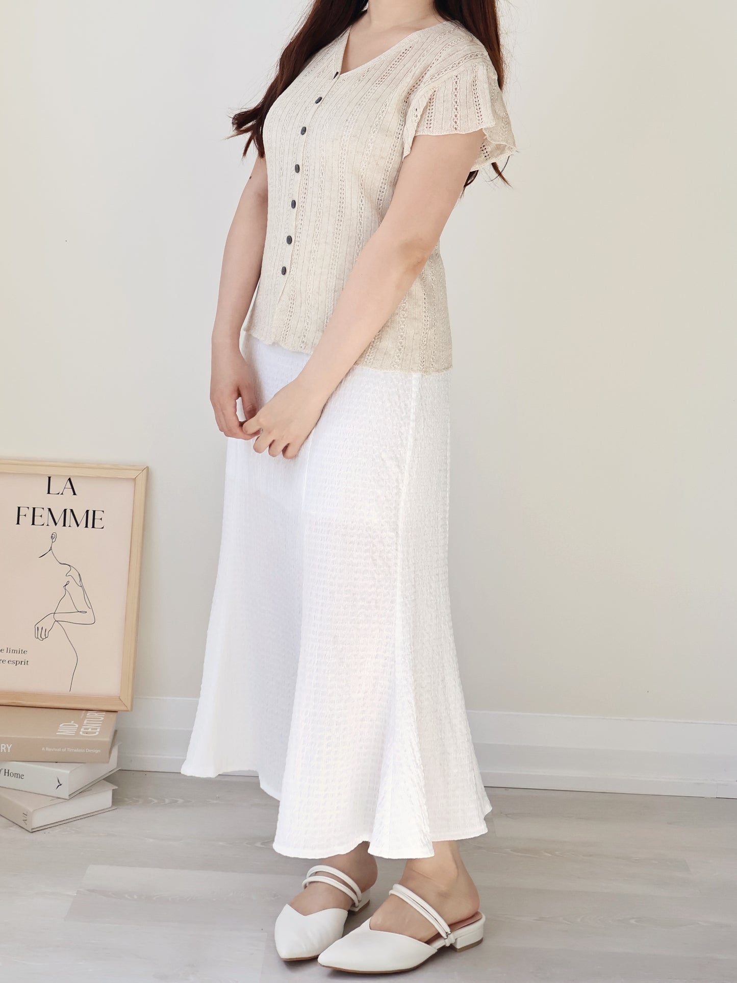 Breezy V-Neck Pointelle Flutter Sleeve Knit Top(Oatmeal beige)