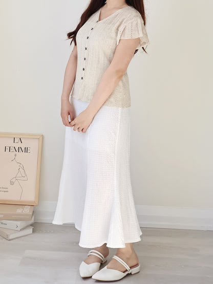 Breezy V-Neck Pointelle Flutter Sleeve Knit Top(Oatmeal beige)