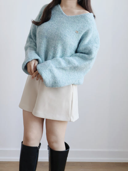 [10% WOOL] V-neck Mixed-color Mochi Sweater (Arctic Blue)