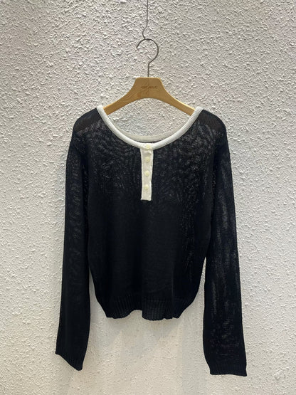 Soft Colour-Block Henley Knit Top(5 colors)