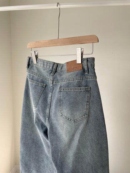 [S-2XL · 3 Lengths] Vintage-Wash Wide-Leg Denim Pants(Dusty blue)