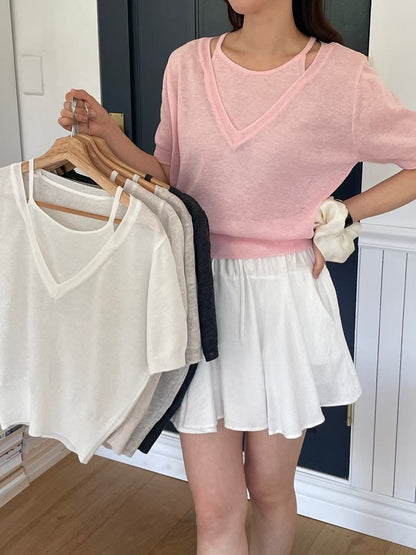 Elegant Faux-Layered Linen Knit Top(5 colors)