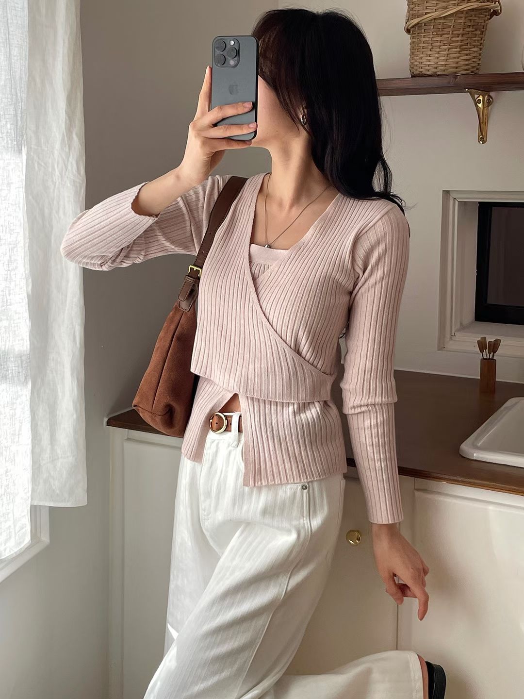 Creamy Faux Layered Wrap Knit Top(4 colors)