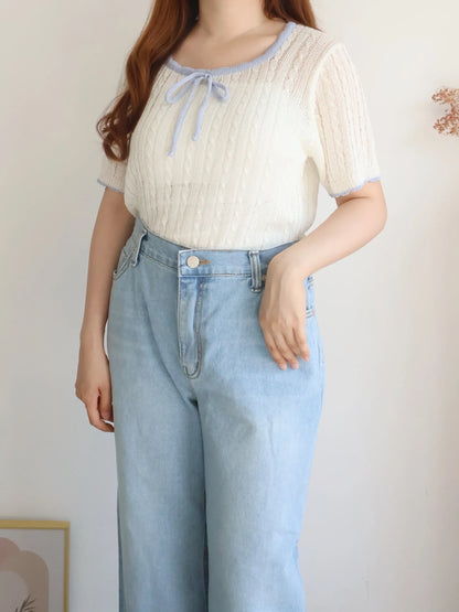 Romantic Square-Neck Contrast-Trim Bow Cable Knit Top(Ivory)