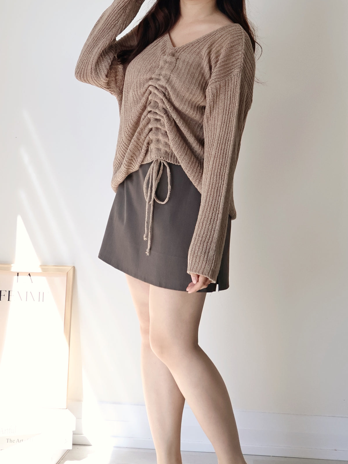 Effortless Drawstring Relaxed-Fit Knit Top(Brown)
