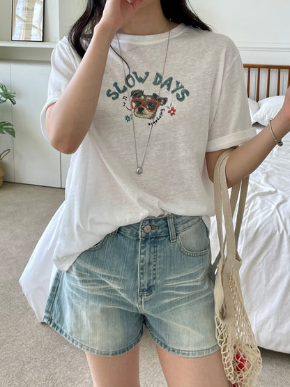 Oversized Slow Days Dog Graphic Cotton T-Shirt(3 Colors)