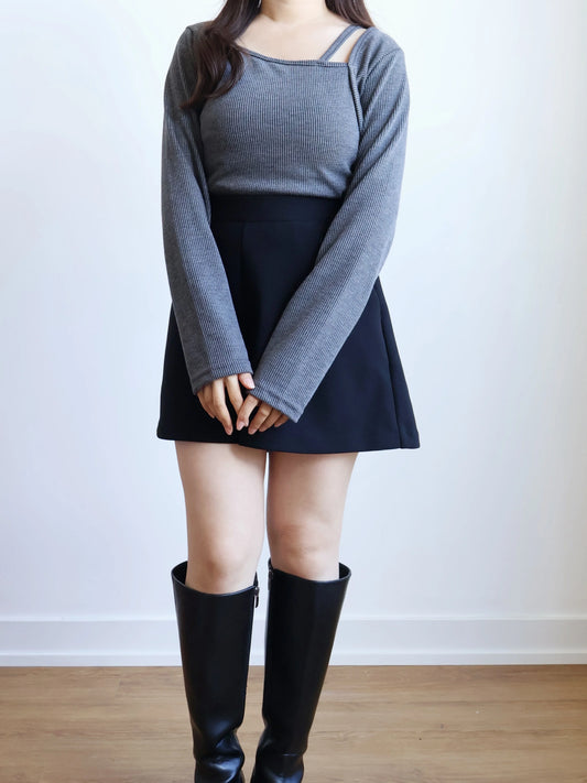 Ribbed Asymmetrical String T-shirt(Charcoal)