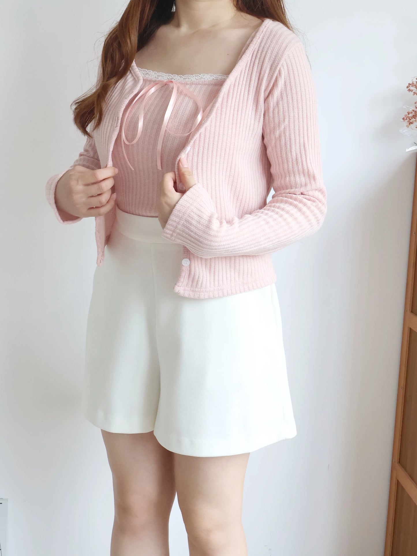 [2-Piece Set] Romantic Balletcore Lace Cami & Cardigan Set(Pink)
