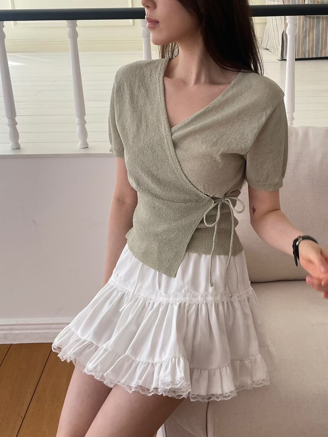 Elegant Tie-Detail Wrap Knit Top(5 Colors)