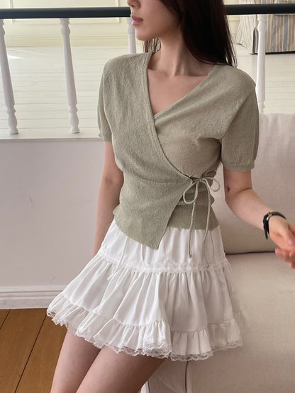 Elegant Tie-Detail Wrap Knit Top(5 Colors)