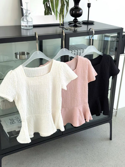 [Wrinkle-Free] Elegant Square Neck Flattering Peplum Blouse(3 Colors)