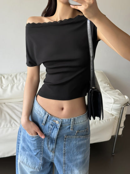 Lace One-Shoulder Cotton Top(4 Colors)