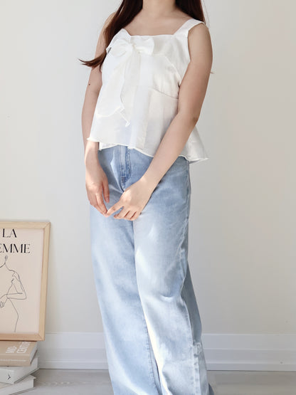 French Tie-Wrap Silky Swing-Hem Blouse(Ivory)