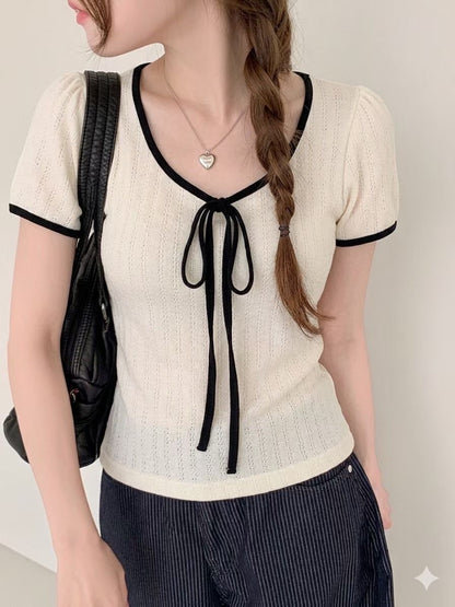 Sweet Color-Block Ribbon Bow Top(3 Colors)
