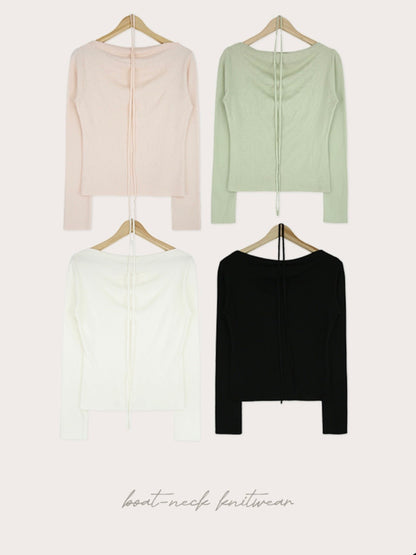 Boat Neck Scarf Tie Drape Knit Top(4 colors)