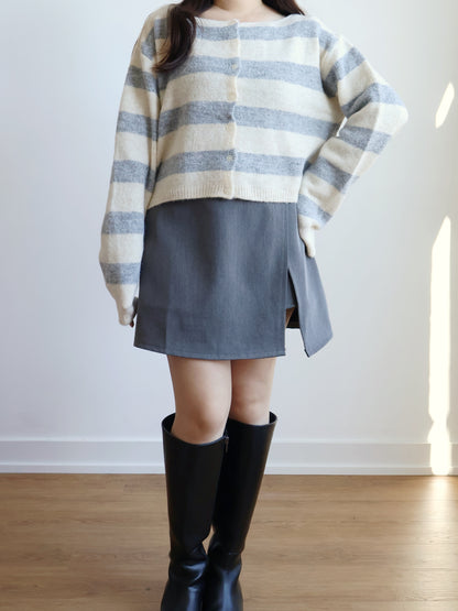 [10% WOOL] Raccoon Striped Cardigan(Light grey)