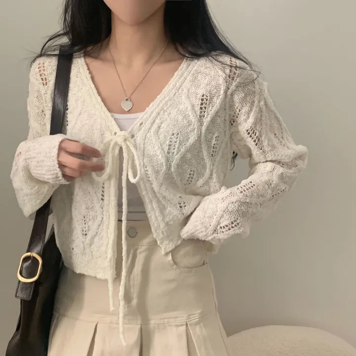 V-Neck Pointelle Tie-Front Knit Cardigan(5 colors)