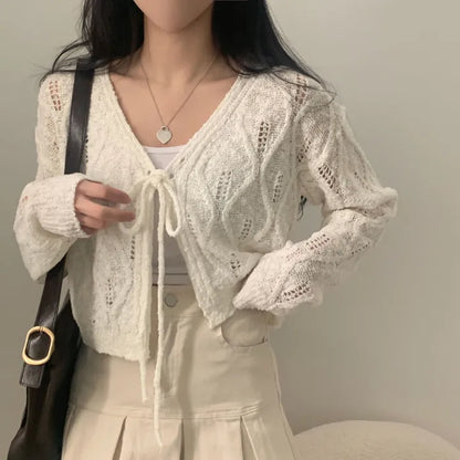 V-Neck Pointelle Tie-Front Knit Cardigan(5 colors)