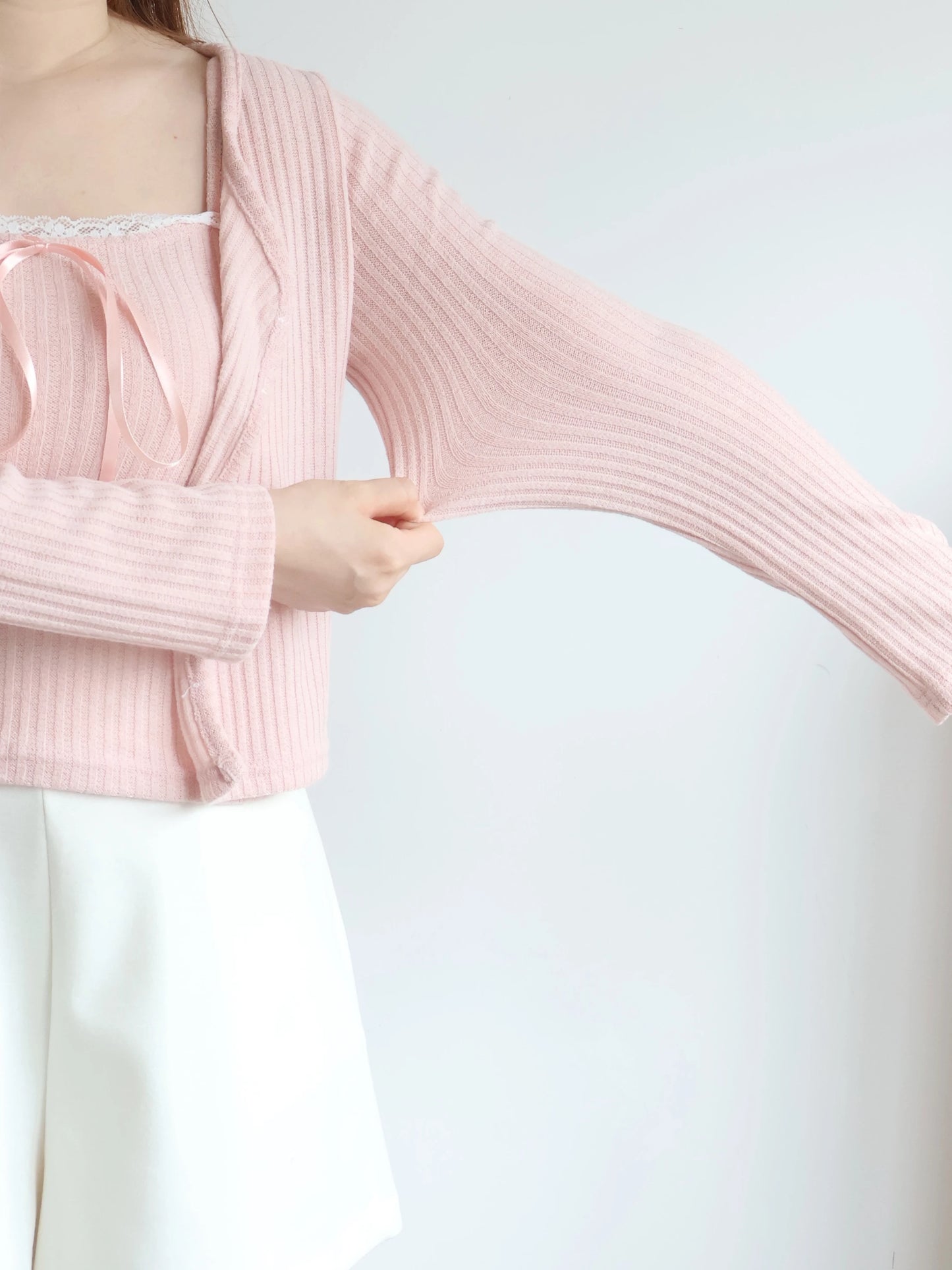 [2-Piece Set] Romantic Balletcore Lace Cami & Cardigan Set(Pink)