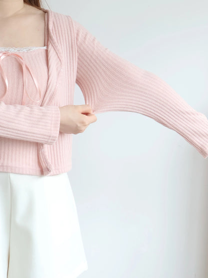 [2-Piece Set] Romantic Balletcore Lace Cami & Cardigan Set(Pink)