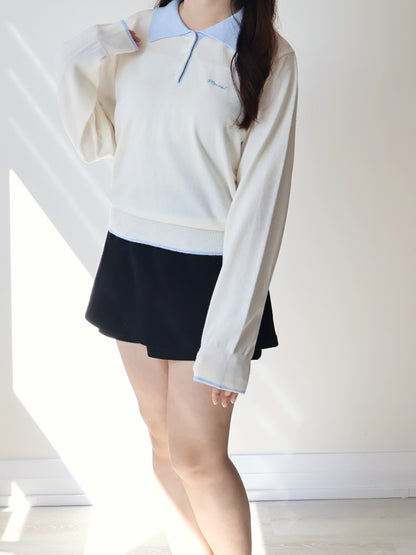 Teddy Collar Colour-Block Embroidered Soft Sweater(Cream)