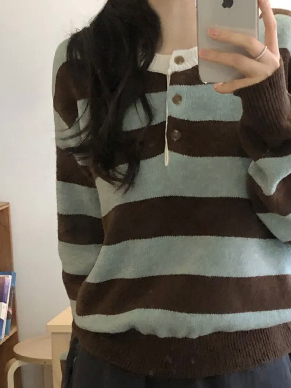 [5% Wool] Henley Neck Two-Tone Striped Sweater(4 colors)