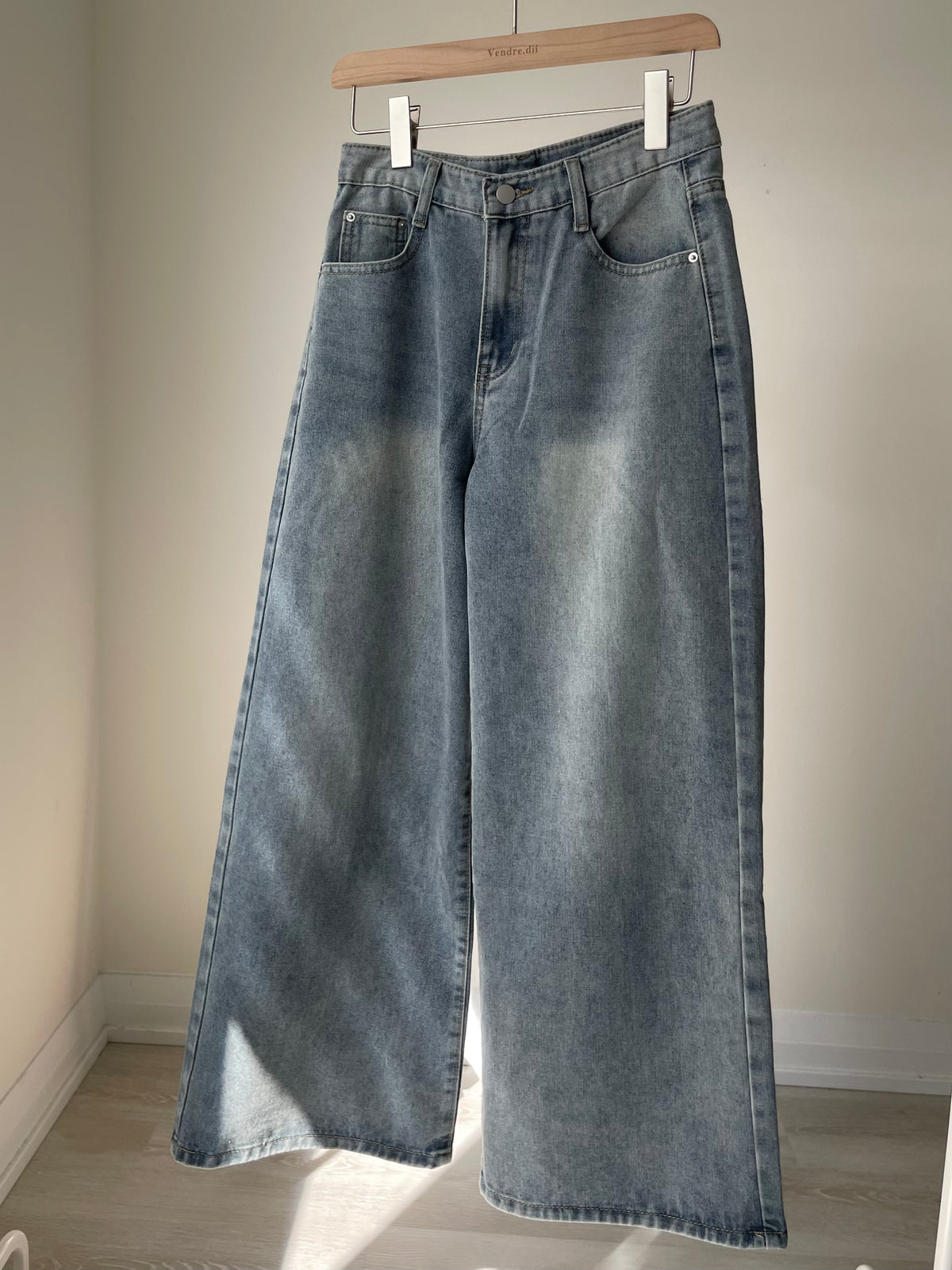 [S-2XL · 3 Lengths] Vintage-Wash Wide-Leg Denim Pants(Dusty blue)