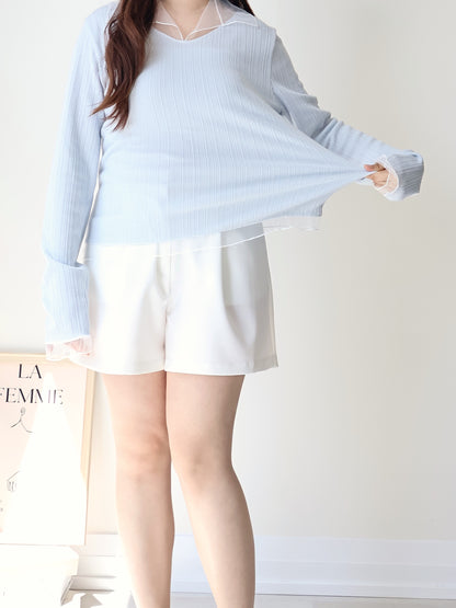 Graceful Sheer Trim V-Neck Top(Skyblue)