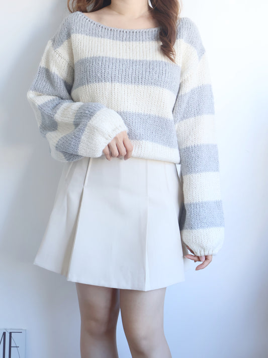 Cozy Striped Crop Crochet Boat Sweater(Greyish blue)