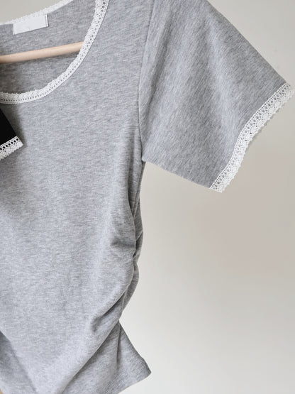 Elegant Slim-Fit Lace Trim Cotton Top(Grey)