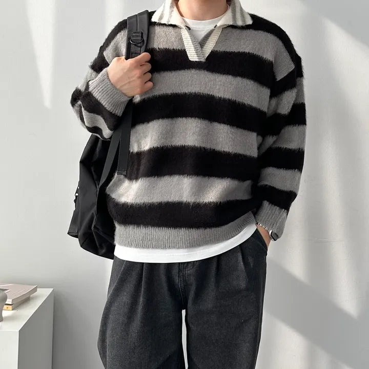 Unisex Collared Striped Color-blocked Sweater(4 colors)