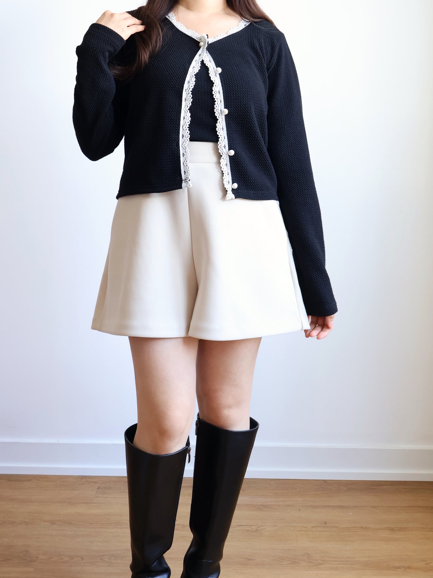 Elegant Pearl Button Lace Trim Two-Piece Set(Black)