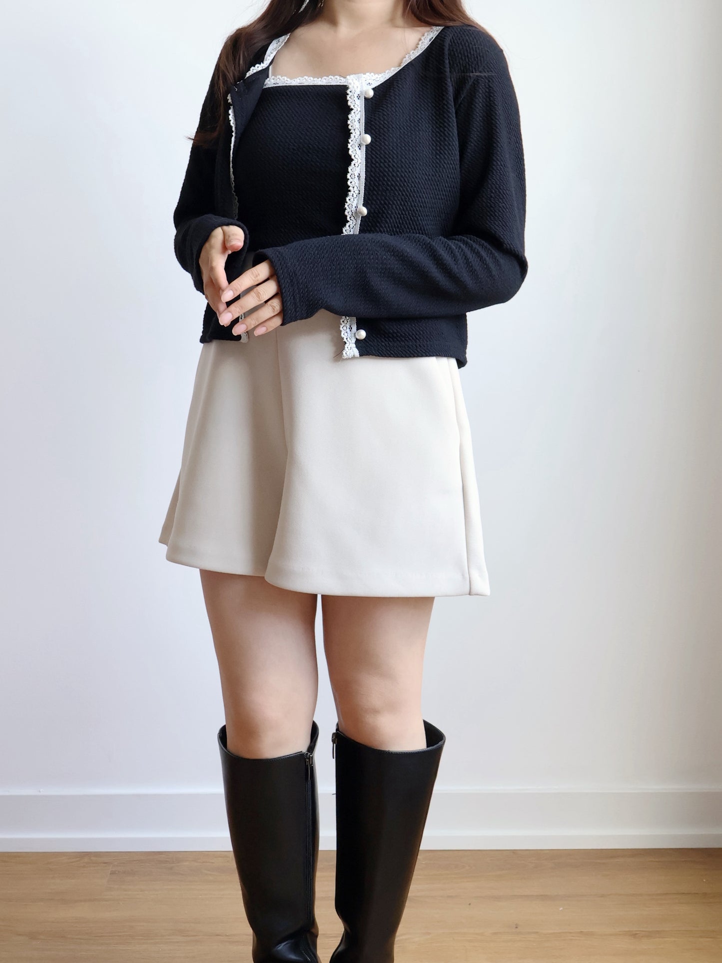 Elegant Pearl Button Lace Trim Two-Piece Set(Black)