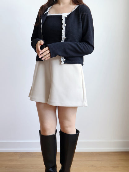 Elegant Pearl Button Lace Trim Two-Piece Set(Black)