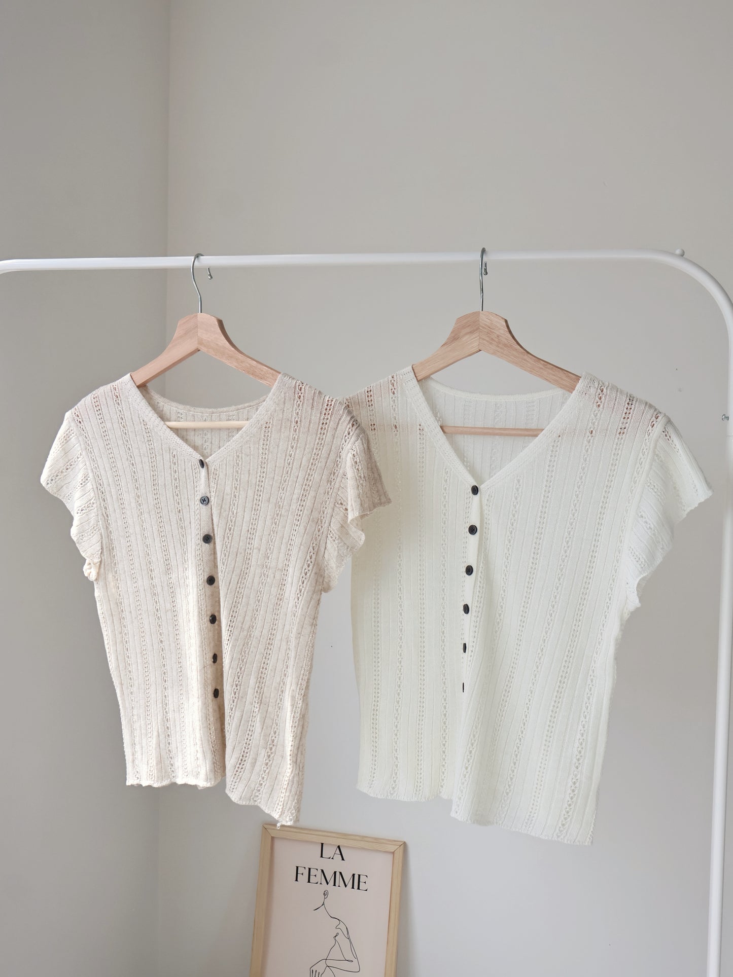 Breezy V-Neck Pointelle Flutter Sleeve Knit Top(Oatmeal beige)